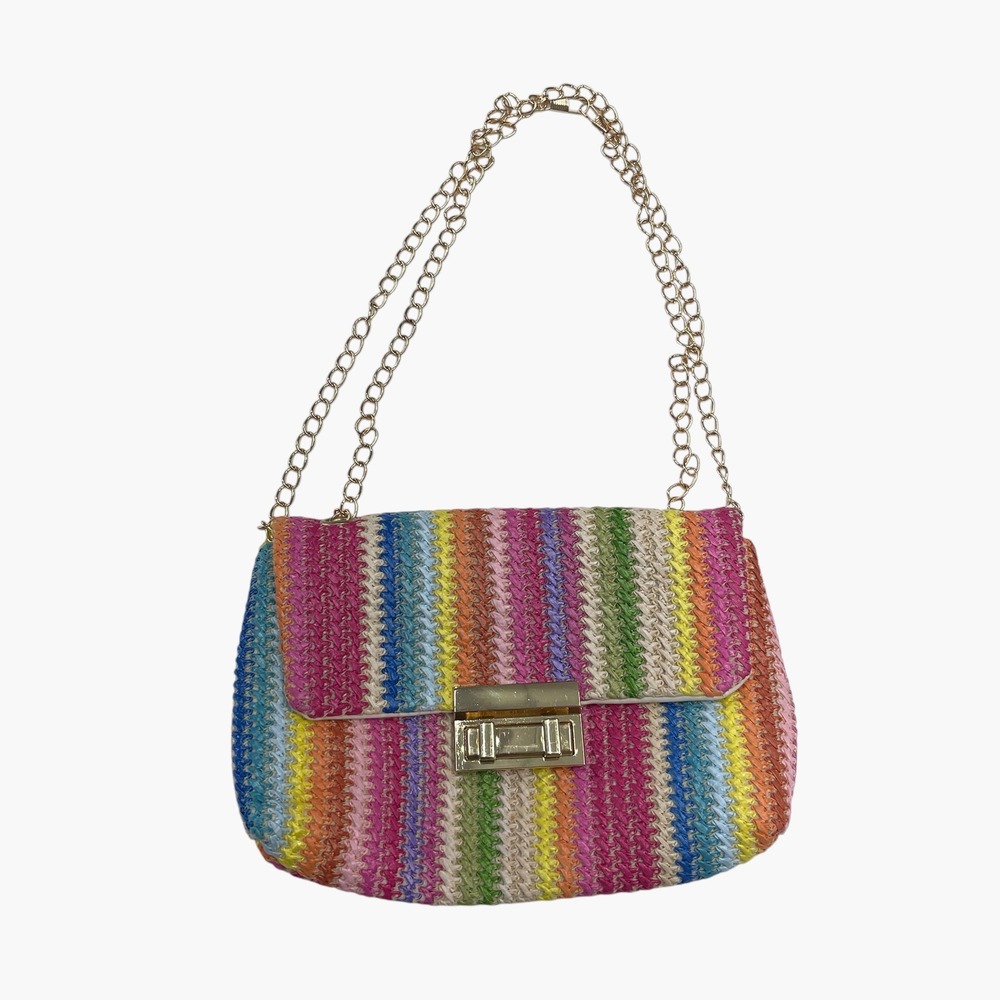 Rainbow Striped Woven Crossbody Bag Gold Chain Strap Turn Lock Multicolor